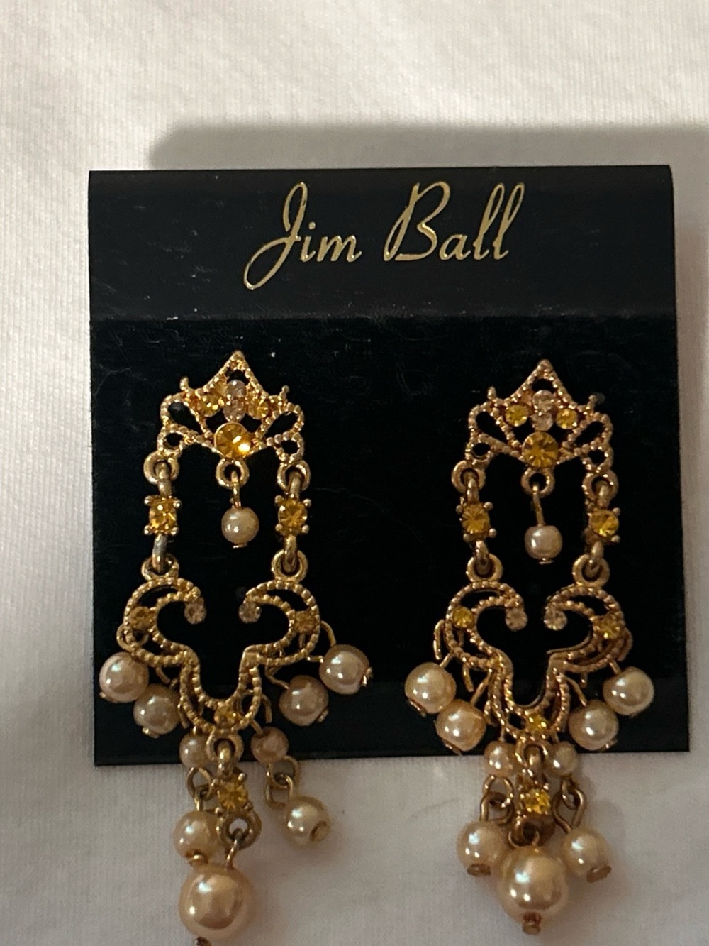Jim Ball Gold-Tone Pearl Drop Chandelier Earrings with Topaz colored stones